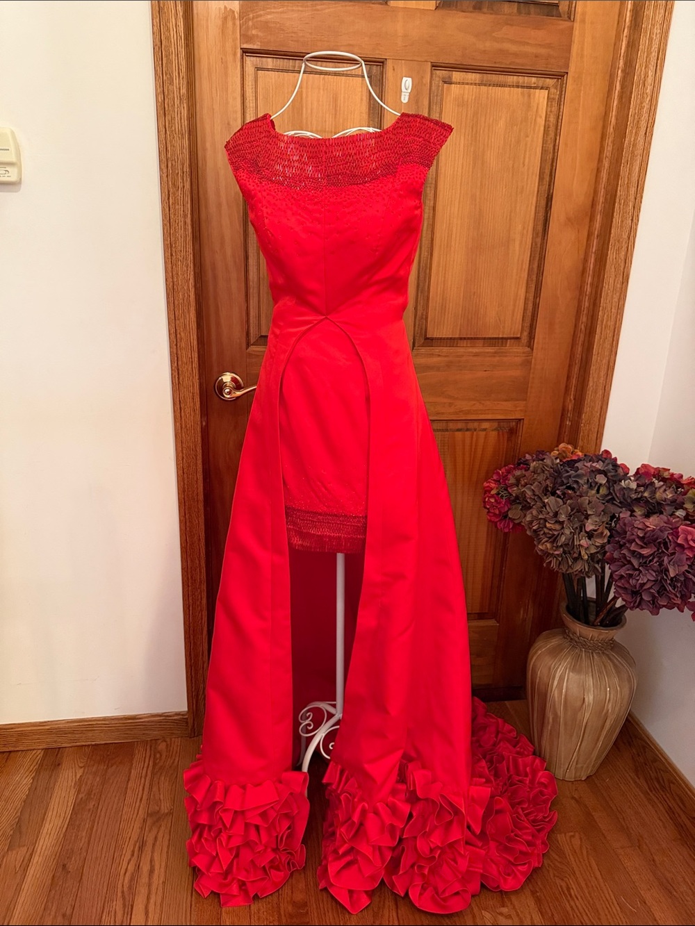 Rachel Allan Red High-Low Evening Gown with Ruffle Train - Picture 2 of 16